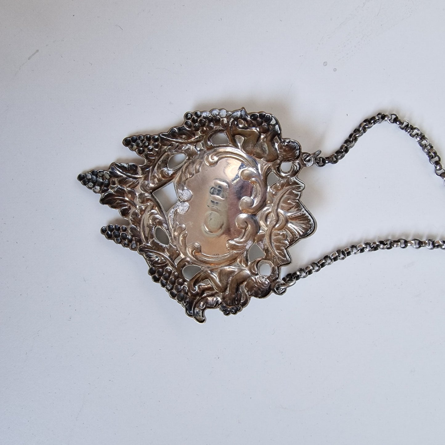 Antique Tested Silver Gin Decanter Label, Angels & Grapes Design