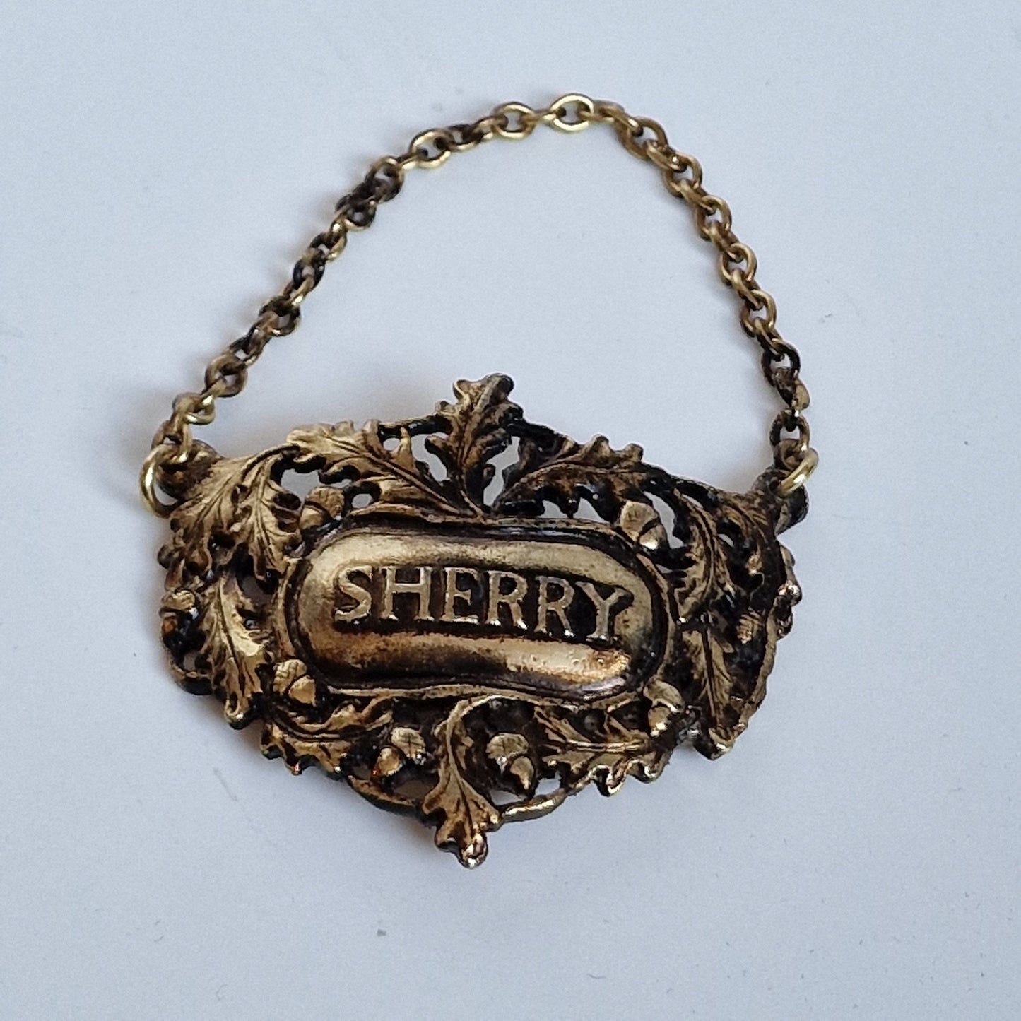 Vintage Brass Sherry Decanter Label, Antique Gold Drink Tag