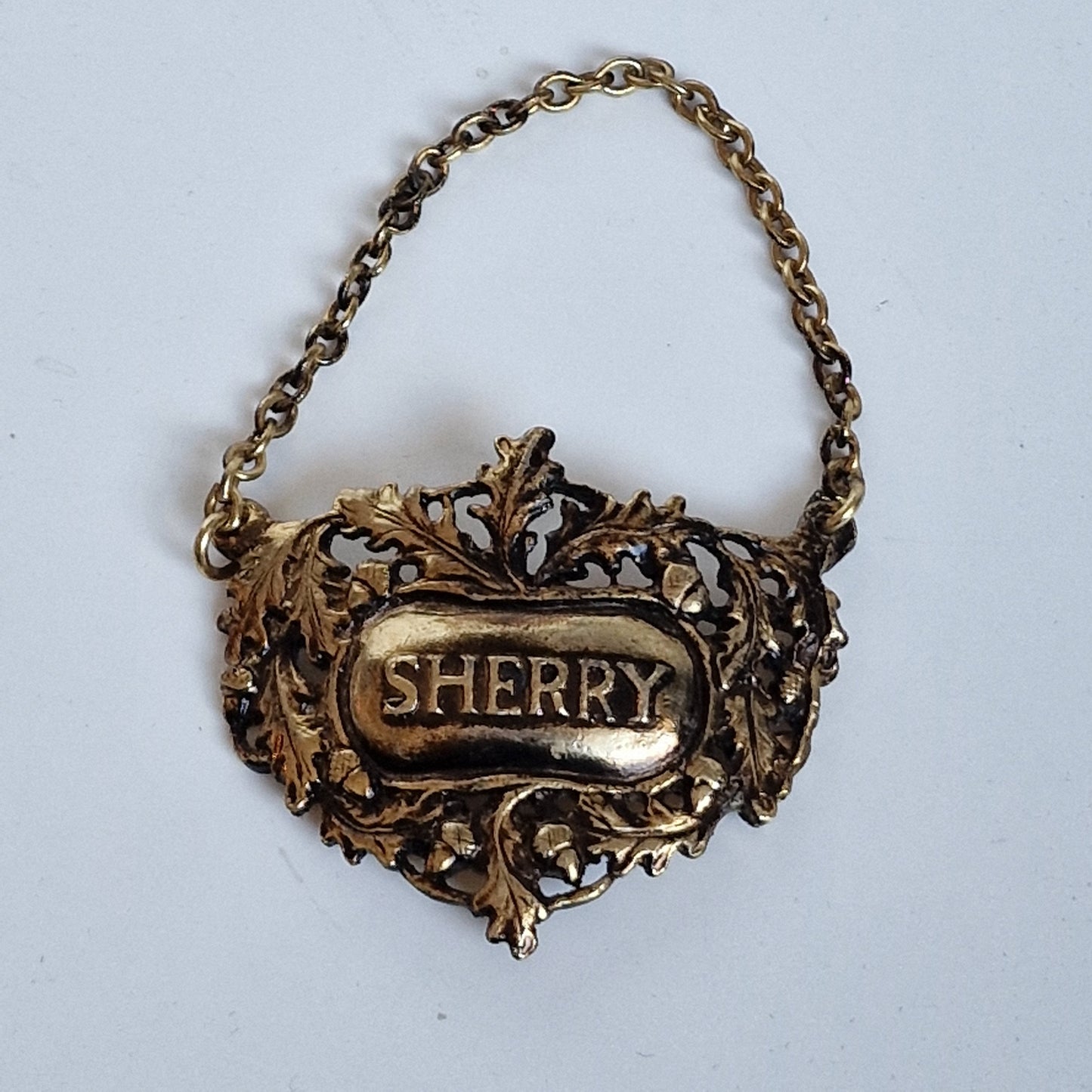 Vintage Brass Sherry Decanter Label, Antique Gold Drink Tag