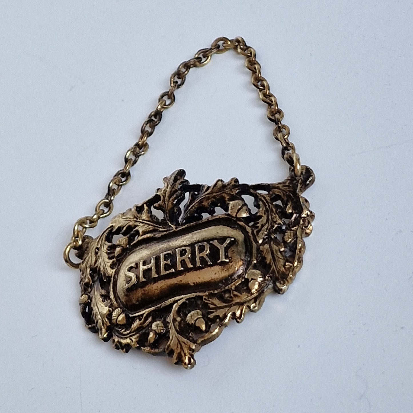 Vintage Brass Sherry Decanter Label, Antique Gold Drink Tag