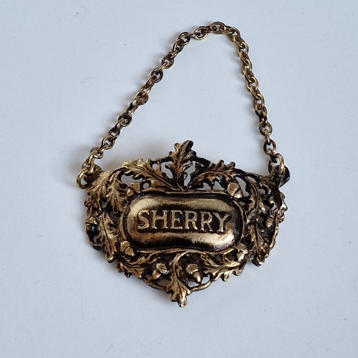Vintage Brass Sherry Decanter Label, Antique Gold Drink Tag