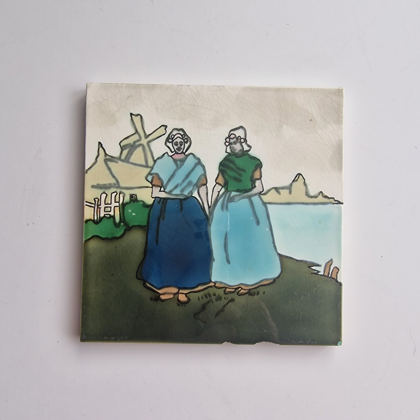 Antique Art Nouveau Tile, Henri Cassiers, Dutch Women, Boizenburg 1910