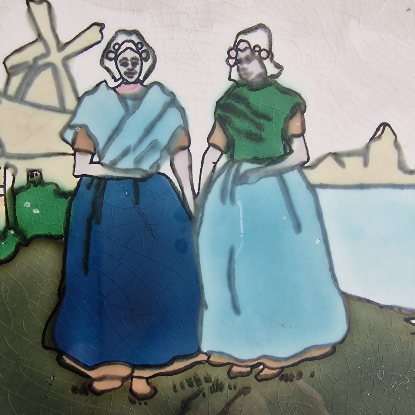 Antique Art Nouveau Tile, Henri Cassiers, Dutch Women, Boizenburg 1910