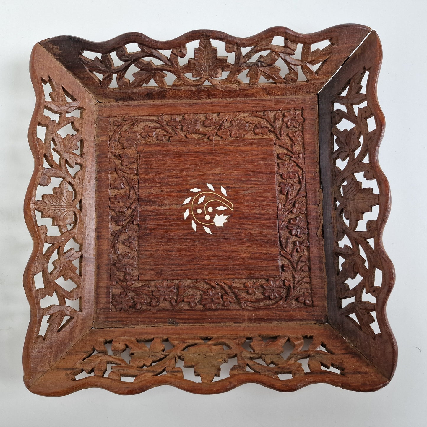 INTARSIA African serving tray hand carved old Wooden inlaid, square Handmade  Marquetry Mosaic Tray, Decorative Serving Trays Luxury basket