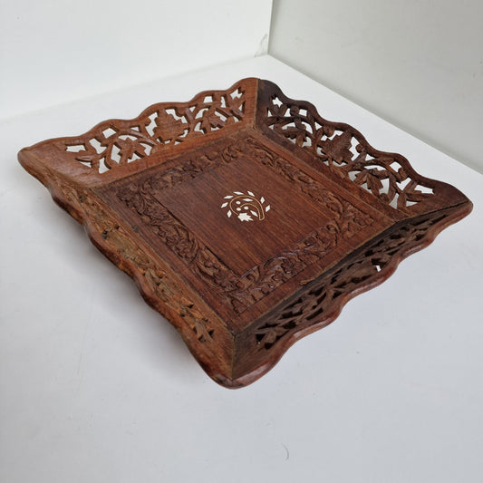 INTARSIA African serving tray hand carved old Wooden inlaid, square Handmade  Marquetry Mosaic Tray, Decorative Serving Trays Luxury basket