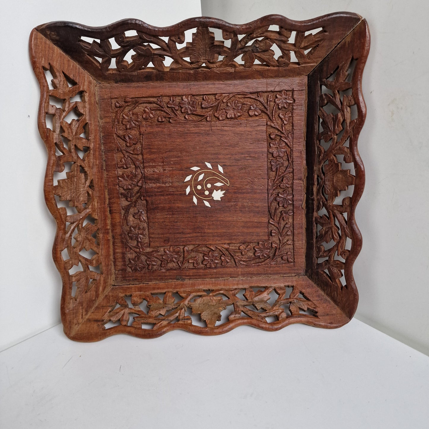 INTARSIA African serving tray hand carved old Wooden inlaid, square Handmade  Marquetry Mosaic Tray, Decorative Serving Trays Luxury basket