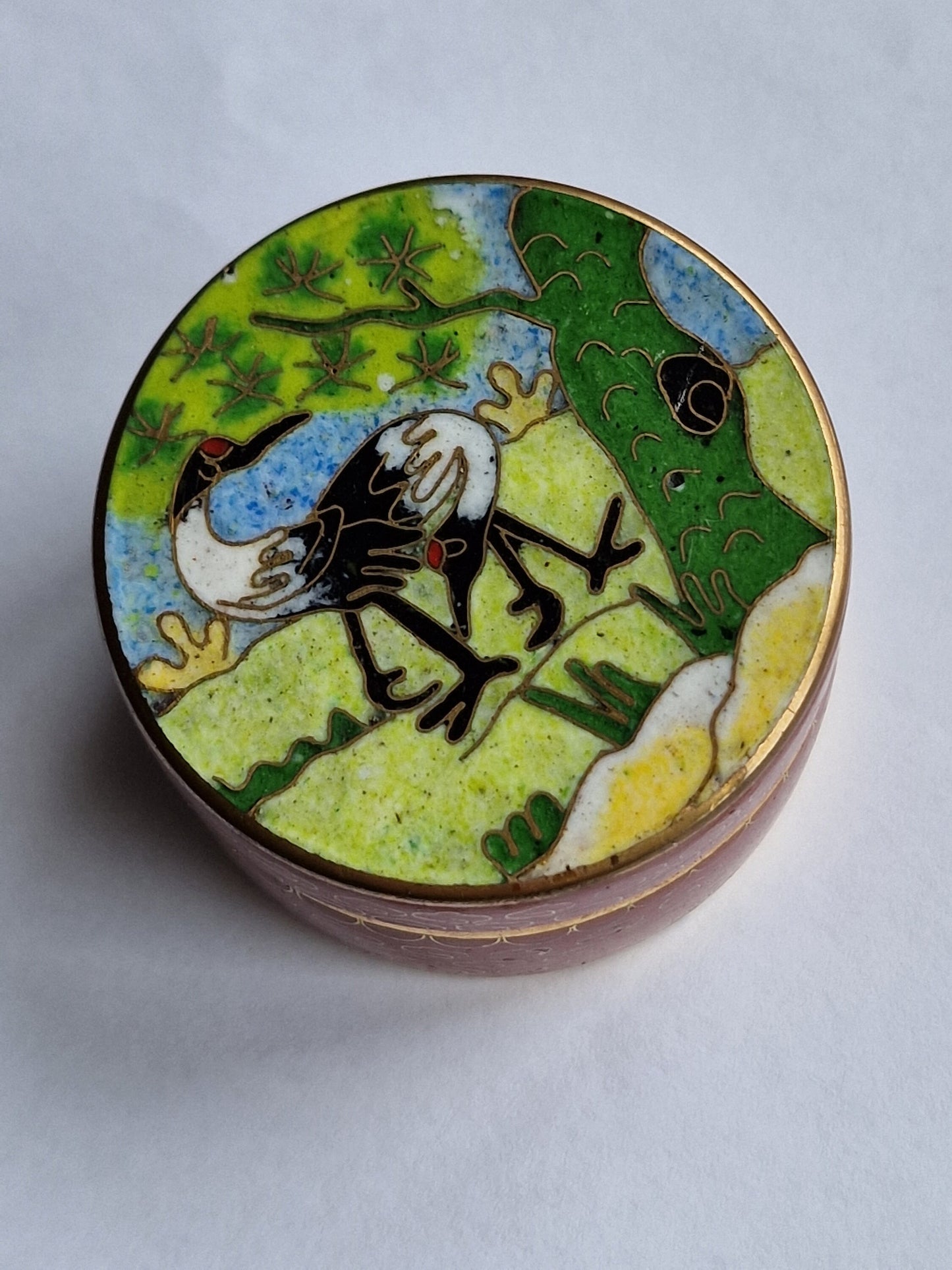 A delightful antique Japansese  cloisonné box, crane meiji blue linghzhi enamel