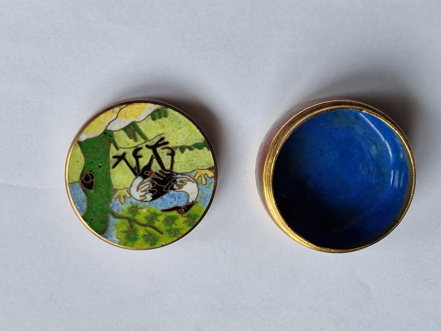 A delightful antique Japansese  cloisonné box, crane meiji blue linghzhi enamel