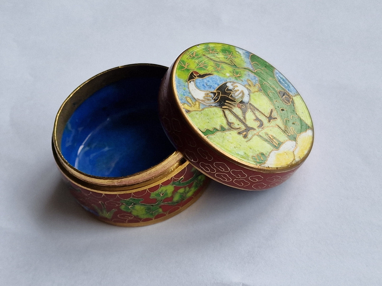 A delightful antique Japansese  cloisonné box, crane meiji blue linghzhi enamel