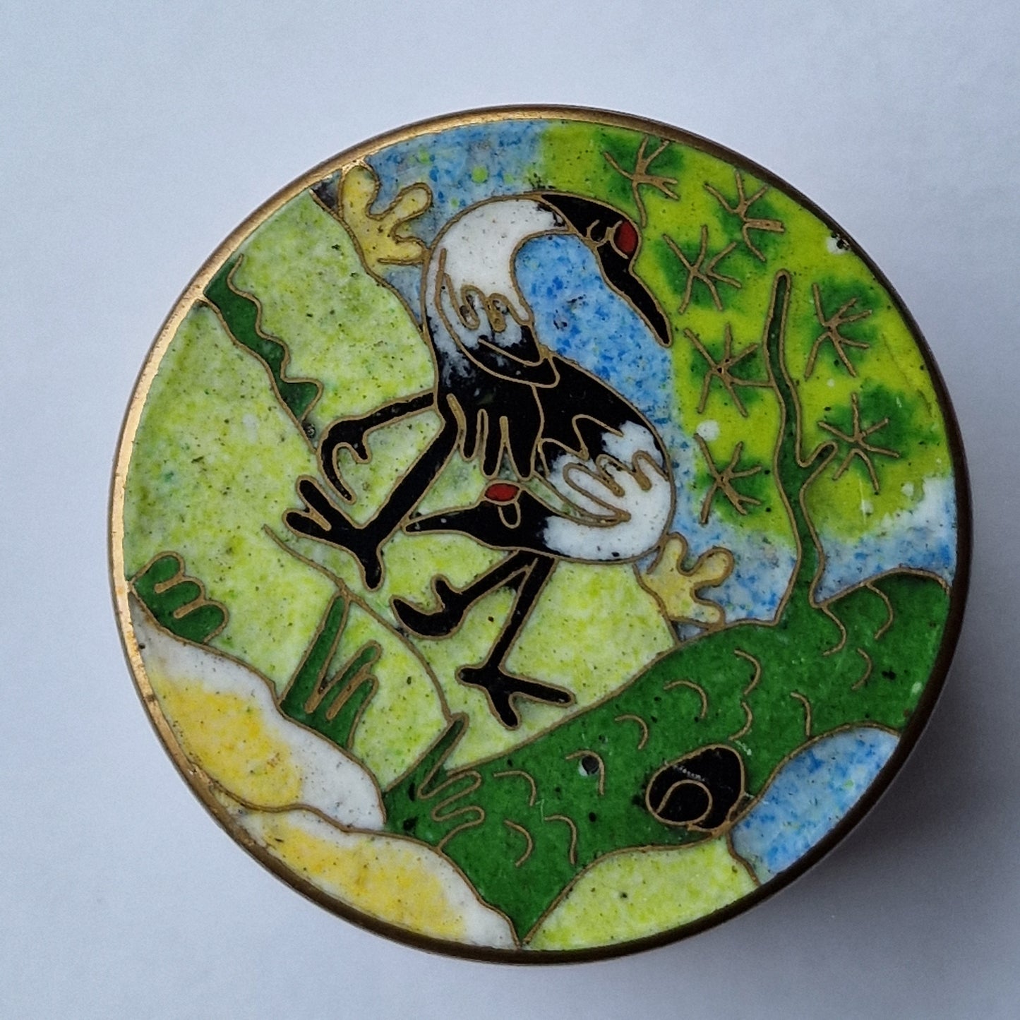 A delightful antique Japansese  cloisonné box, crane meiji blue linghzhi enamel