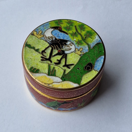 A delightful antique Japansese  cloisonné box, crane meiji blue linghzhi enamel