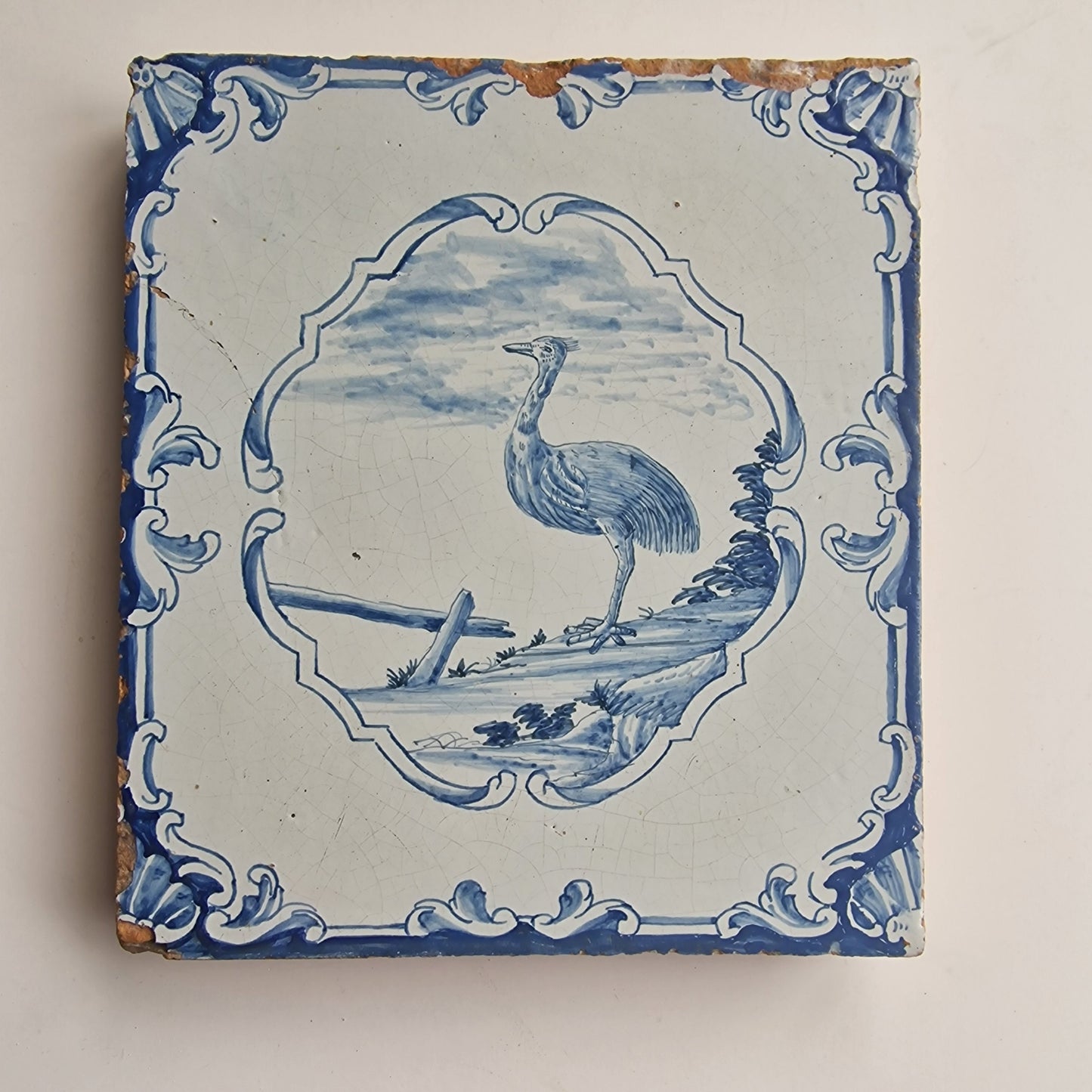 Antique Delft Blue Fireplace Tile, Ostrich Plaque, 1750s German Tile