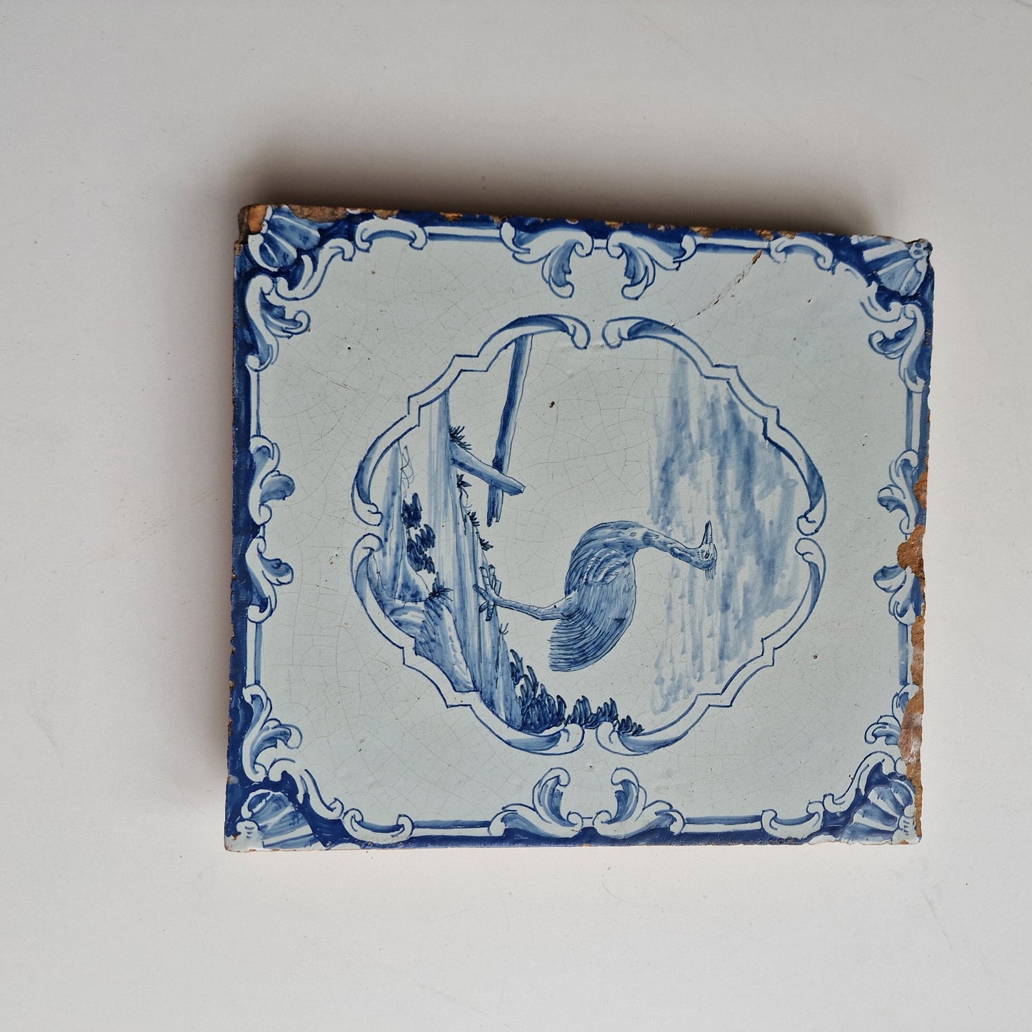 Antique Delft Blue Fireplace Tile, Ostrich Plaque, 1750s German Tile