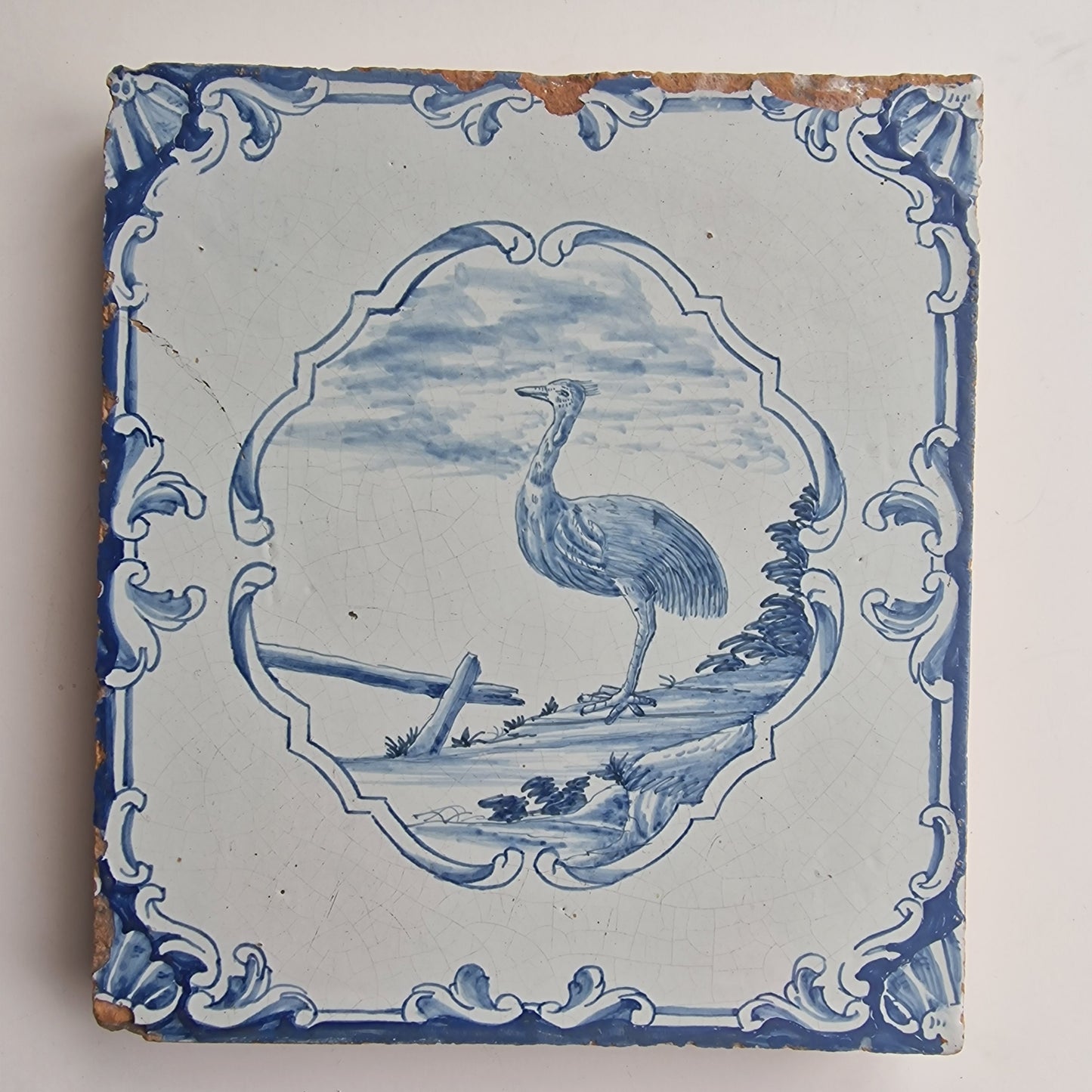 Antique Delft Blue Fireplace Tile, Ostrich Plaque, 1750s German Tile