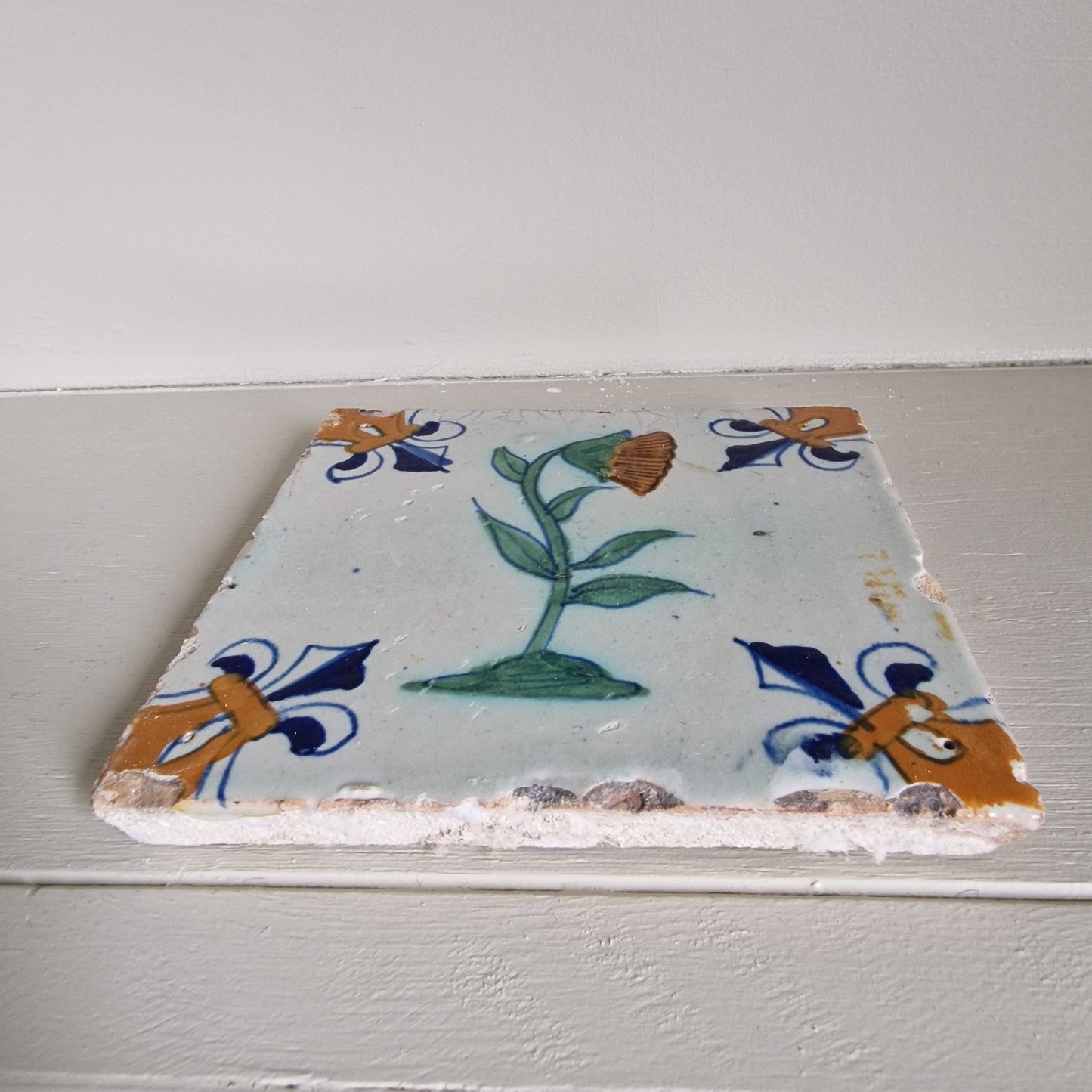 Antique Delft Sunflower Tile, 17th Century Dutch Polychrome