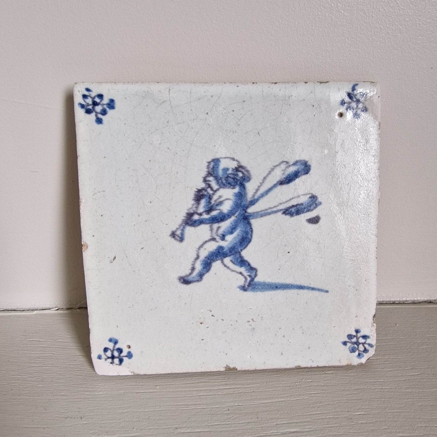 Antique Delft Tile – 1640 Musical Angel, Blue Purple Accents