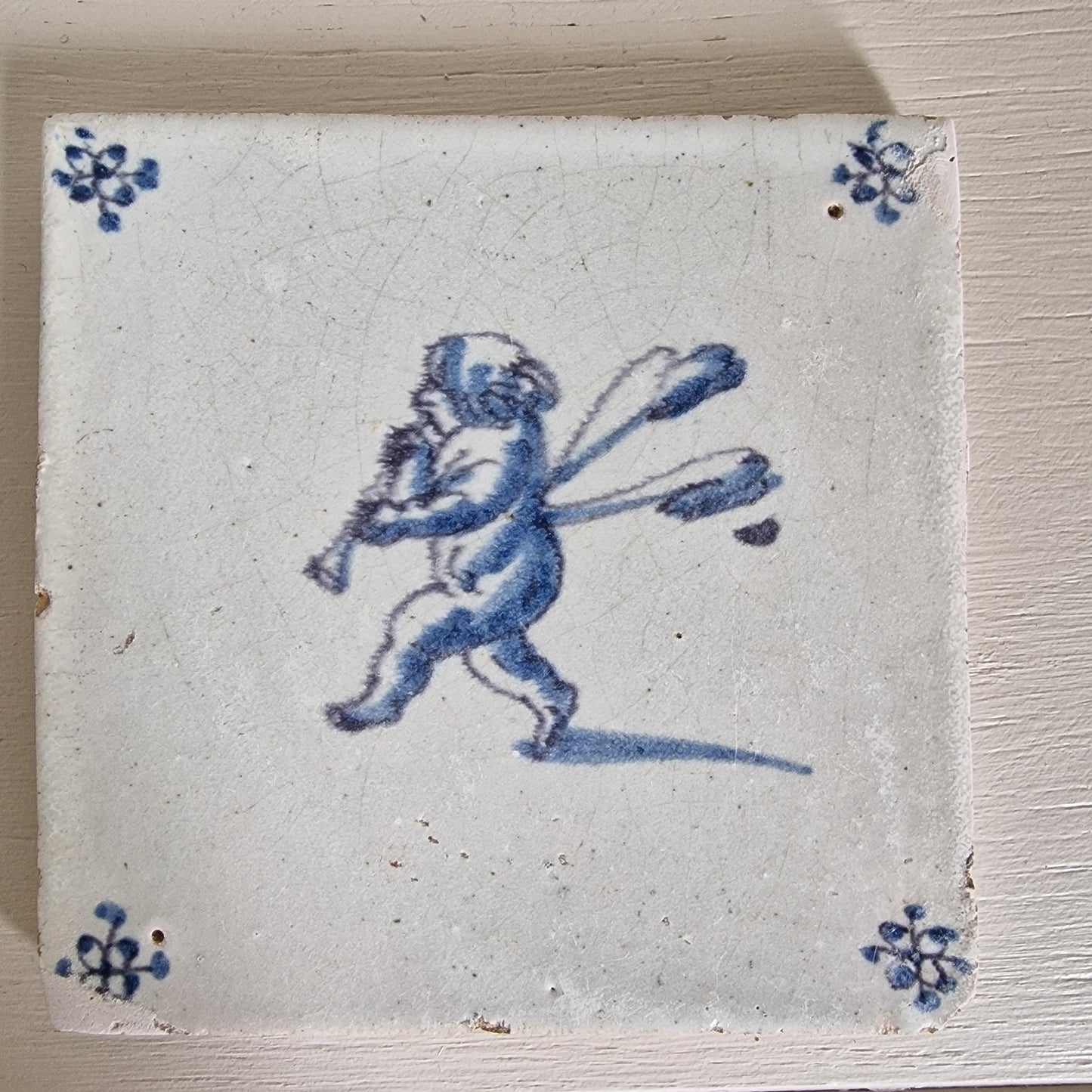 Antique Delft Tile – 1640 Musical Angel, Blue Purple Accents