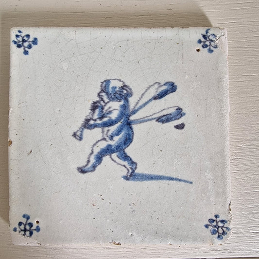 Antique Delft Tile – 1640 Musical Angel, Blue Purple Accents