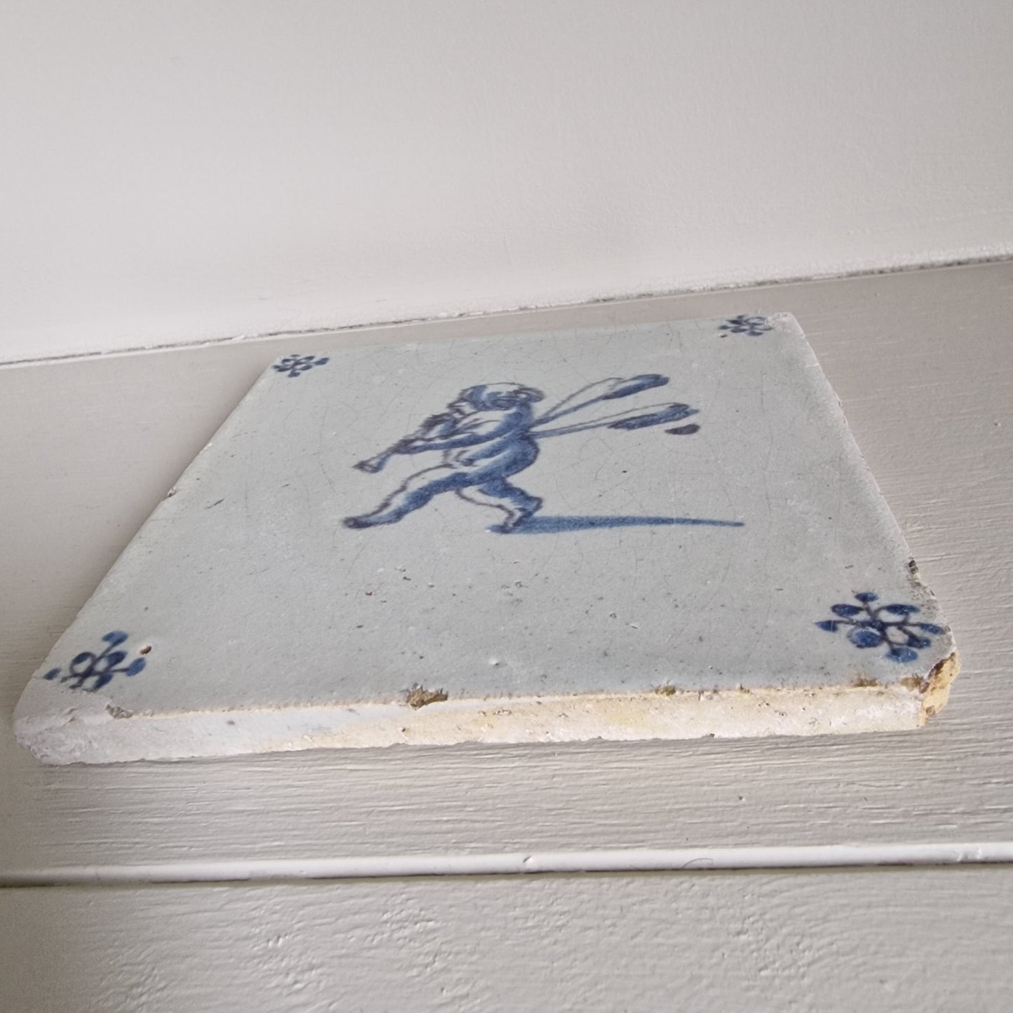 Antique Delft Tile – 1640 Musical Angel, Blue Purple Accents