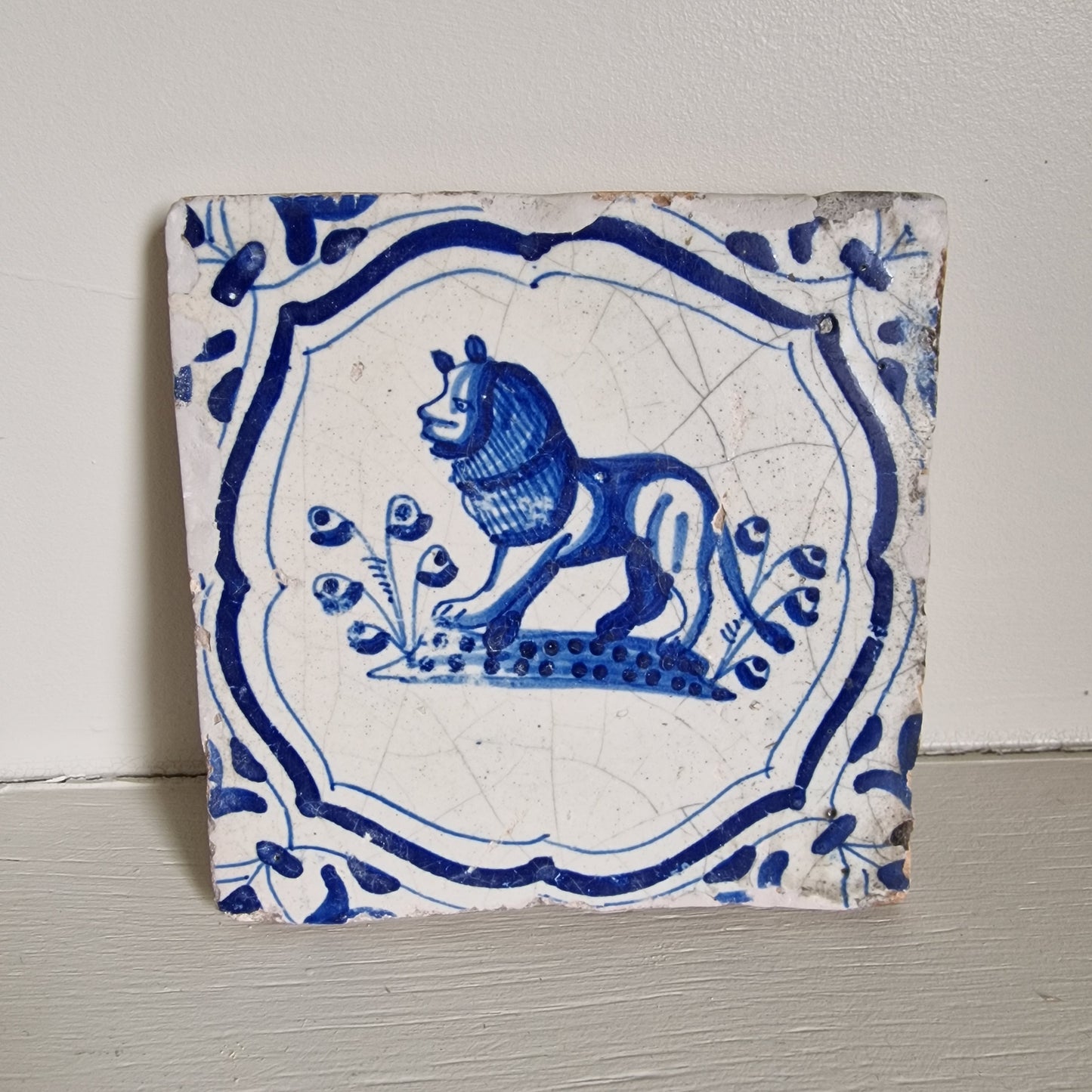 Antique Delft Tile – Lion Motif, Wanli Corner, 1620-1640