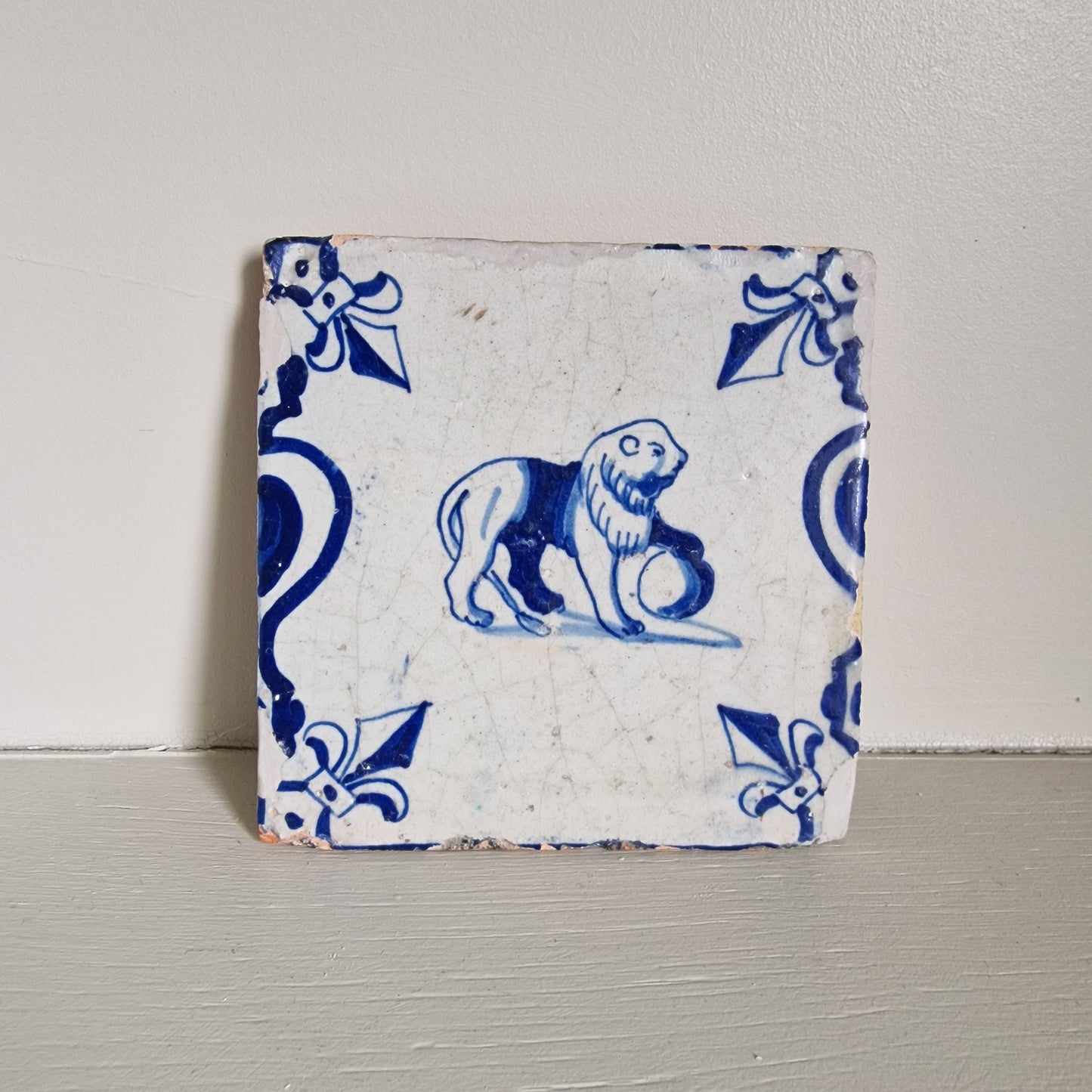 Antique Dutch Delft Tile, Lion Motif, 1640