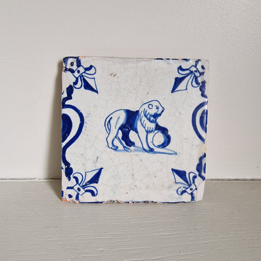 Antique Dutch Delft Tile, Lion Motif, 1640