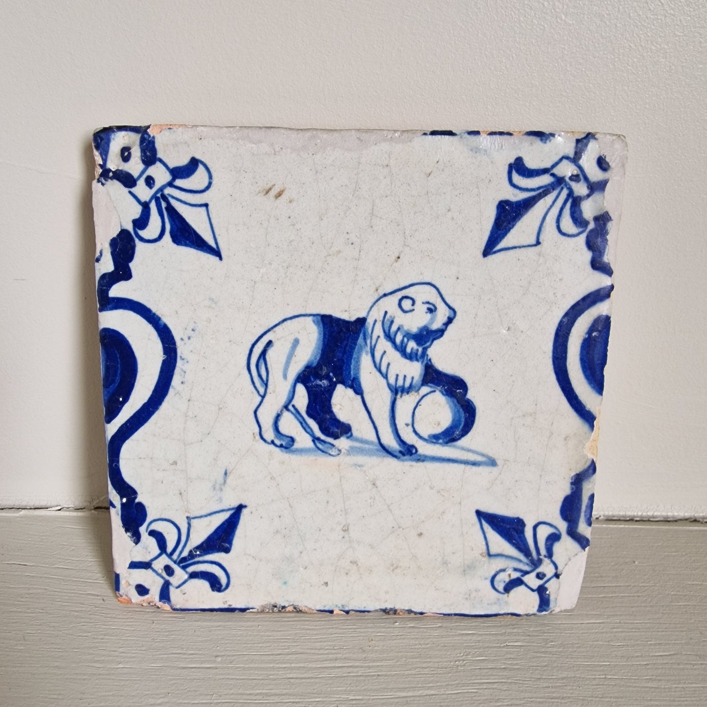 Antique Dutch Delft Tile, Lion Motif, 1640