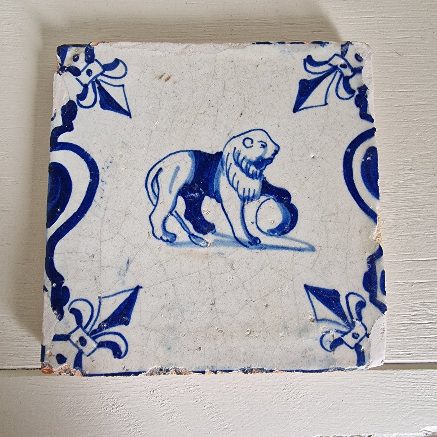 Antique Dutch Delft Tile, Lion Motif, 1640