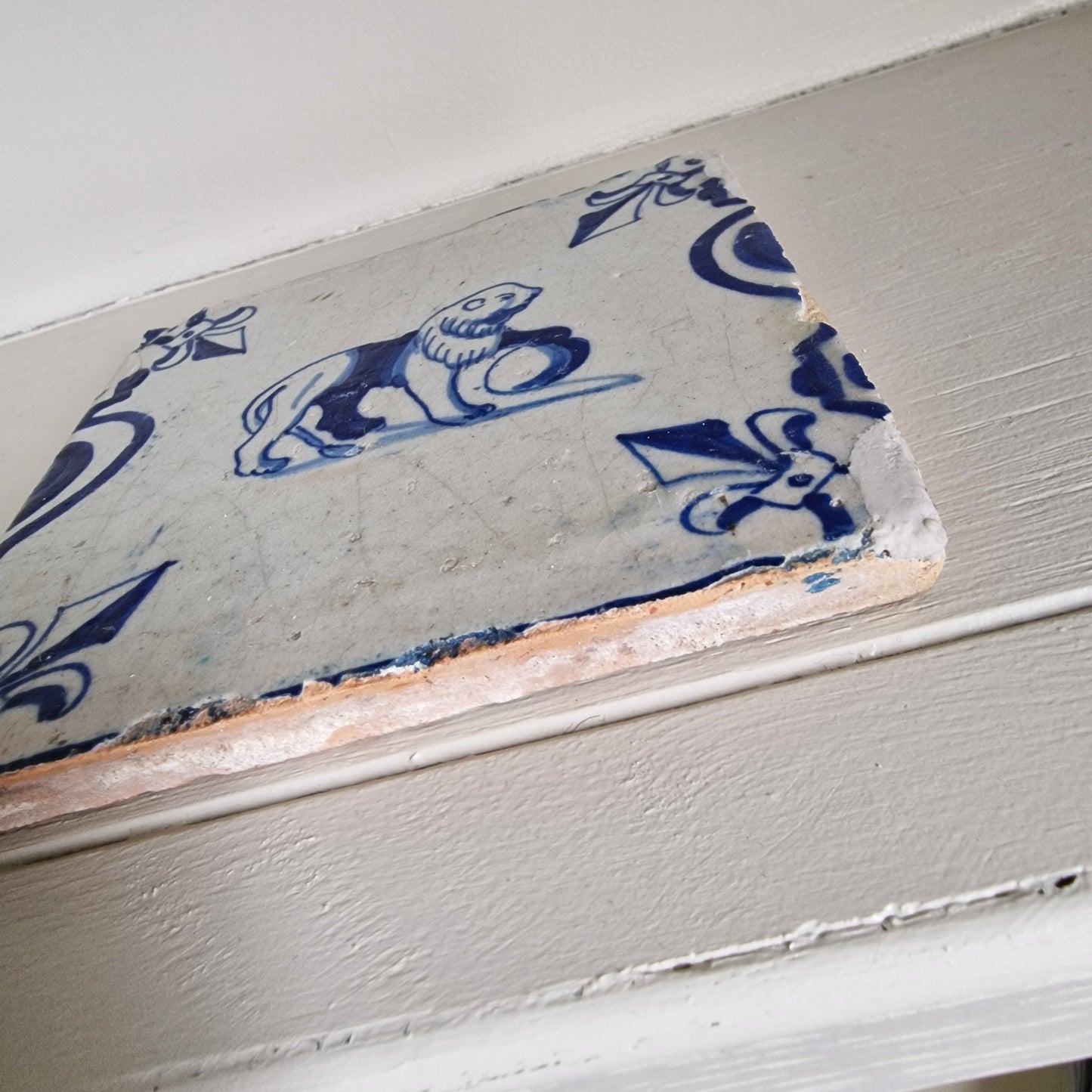 Antique Dutch Delft Tile, Lion Motif, 1640
