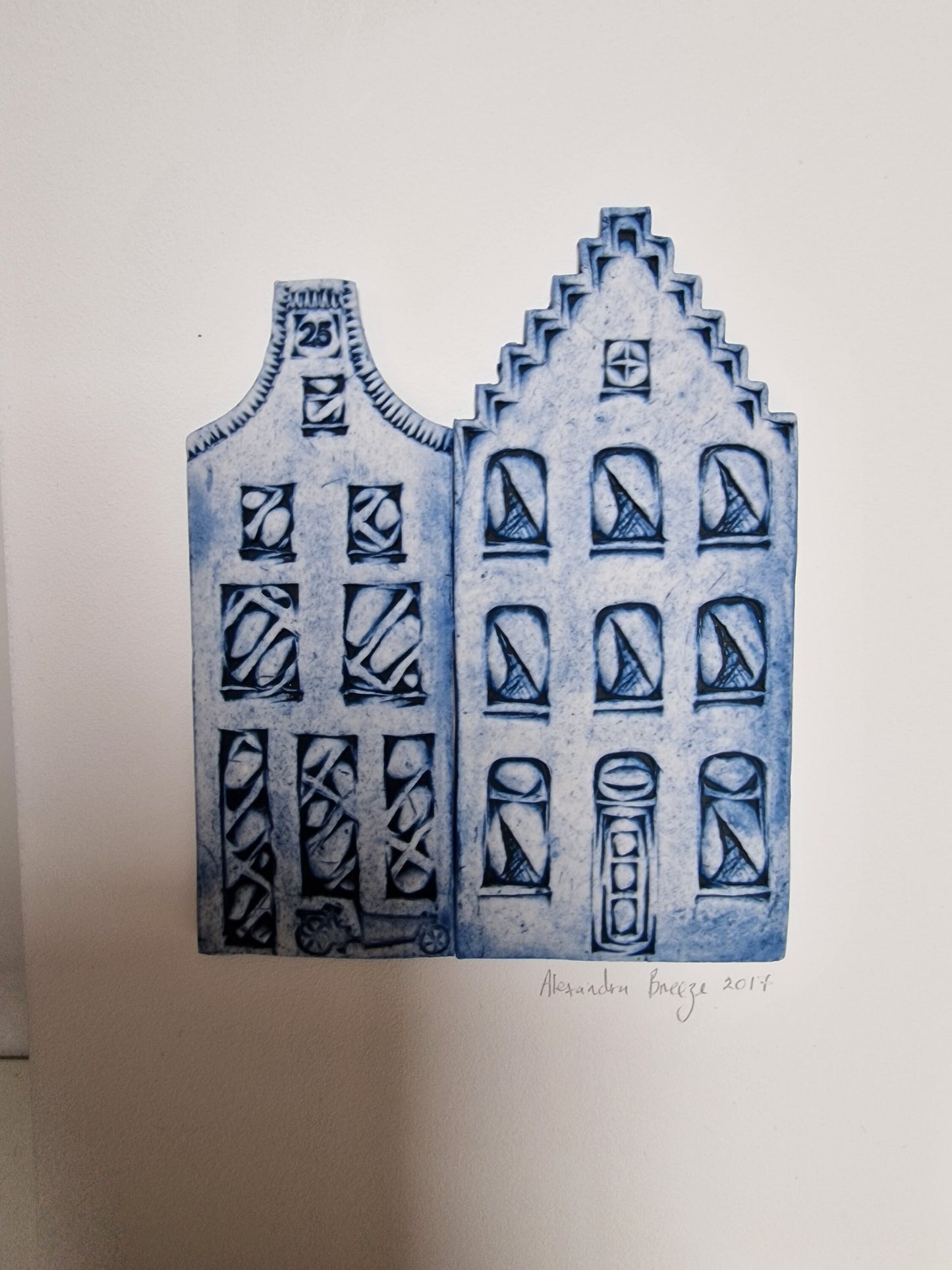 Handmade Delft Porcelain Amsterdam Canal Houses on Wood Panel, Dutch Art