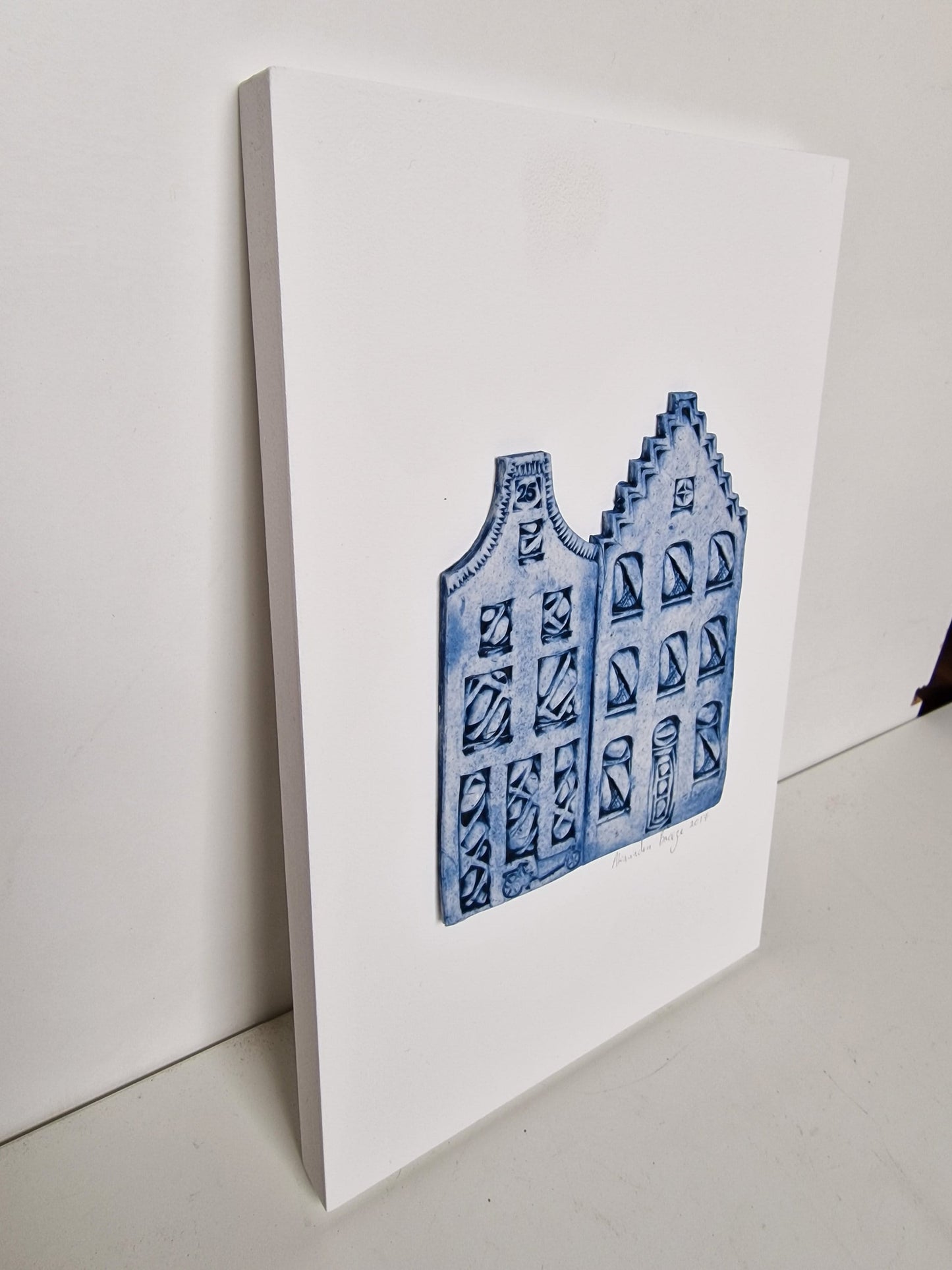 Handmade Delft Porcelain Amsterdam Canal Houses on Wood Panel, Dutch Art