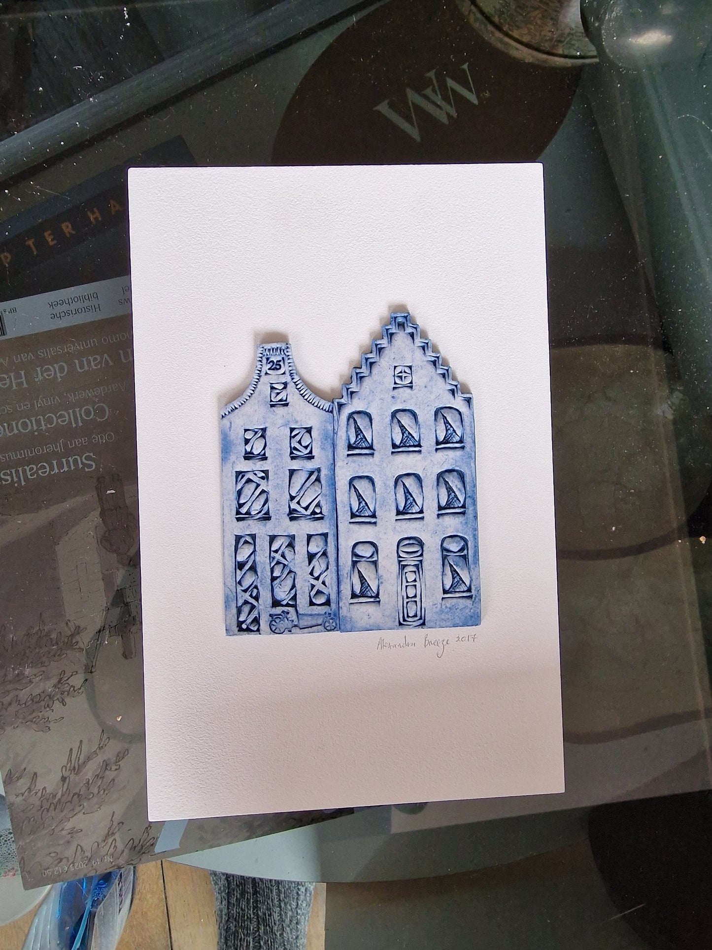Handmade Delft Porcelain Amsterdam Canal Houses on Wood Panel, Dutch Art