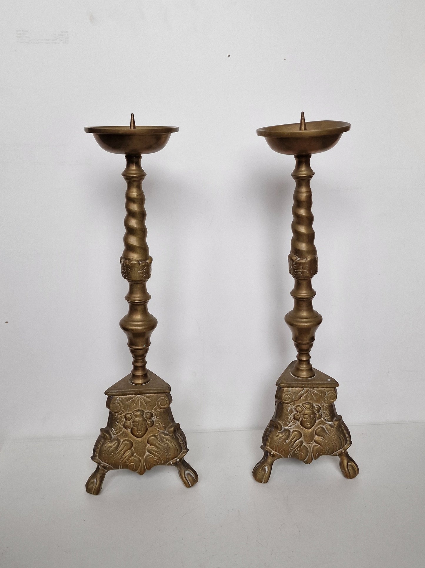 Antique Brass Candlestick Set, 19th Century Lion Footed Church Altar Decor