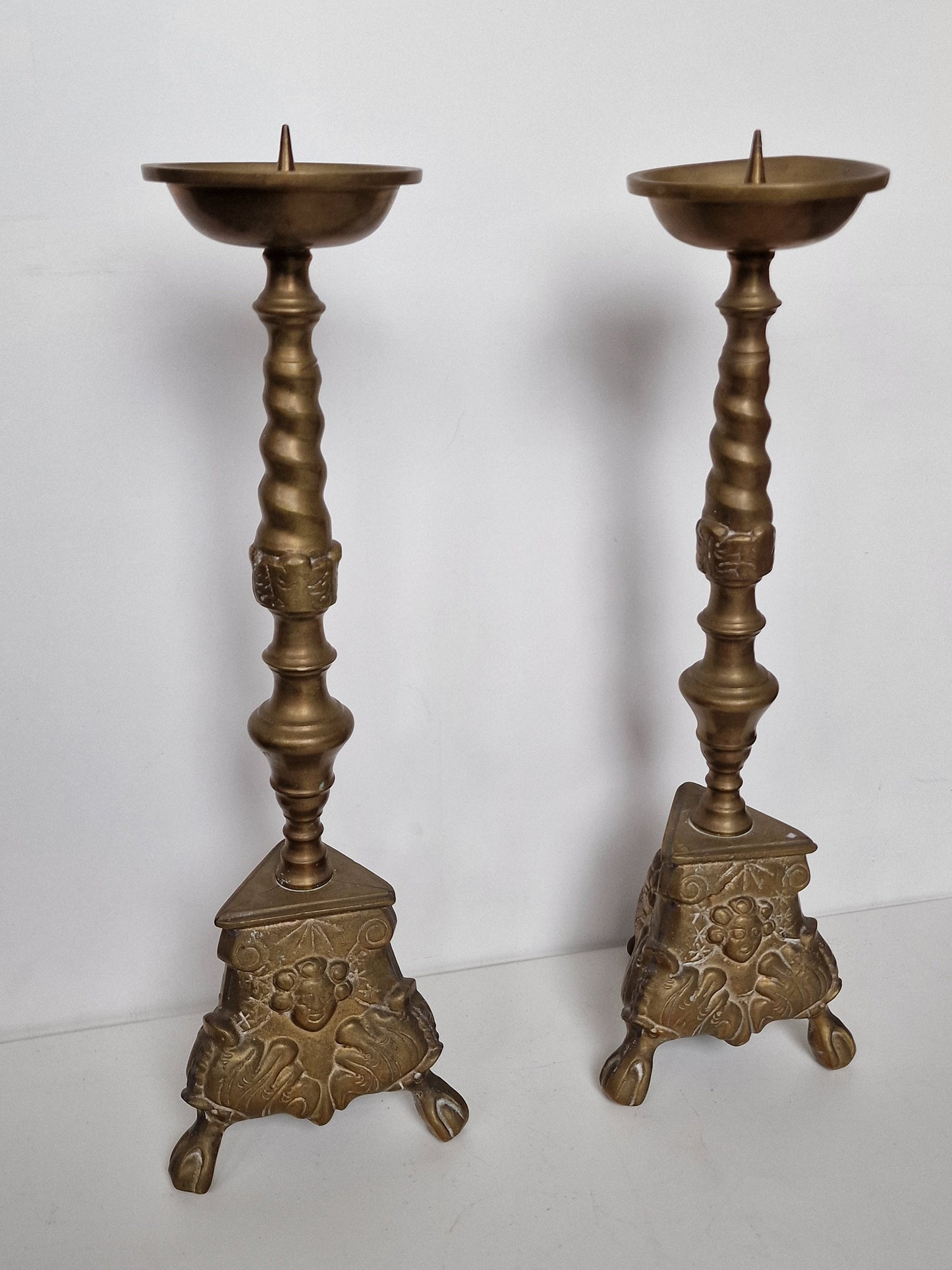 Antique Brass Candlestick Set, 19th Century Lion Footed Church Altar Decor