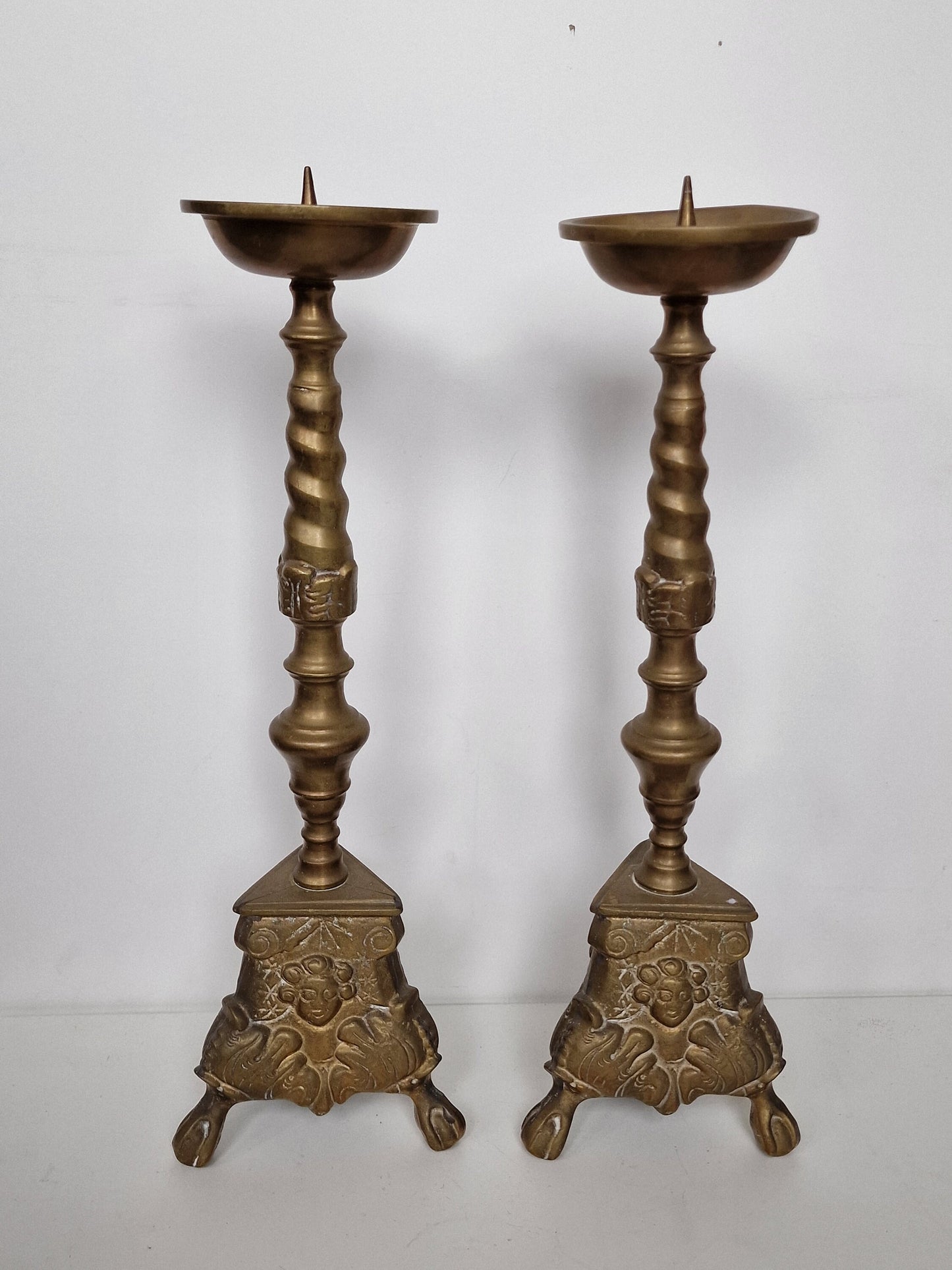 Antique Brass Candlestick Set, 19th Century Lion Footed Church Altar Decor