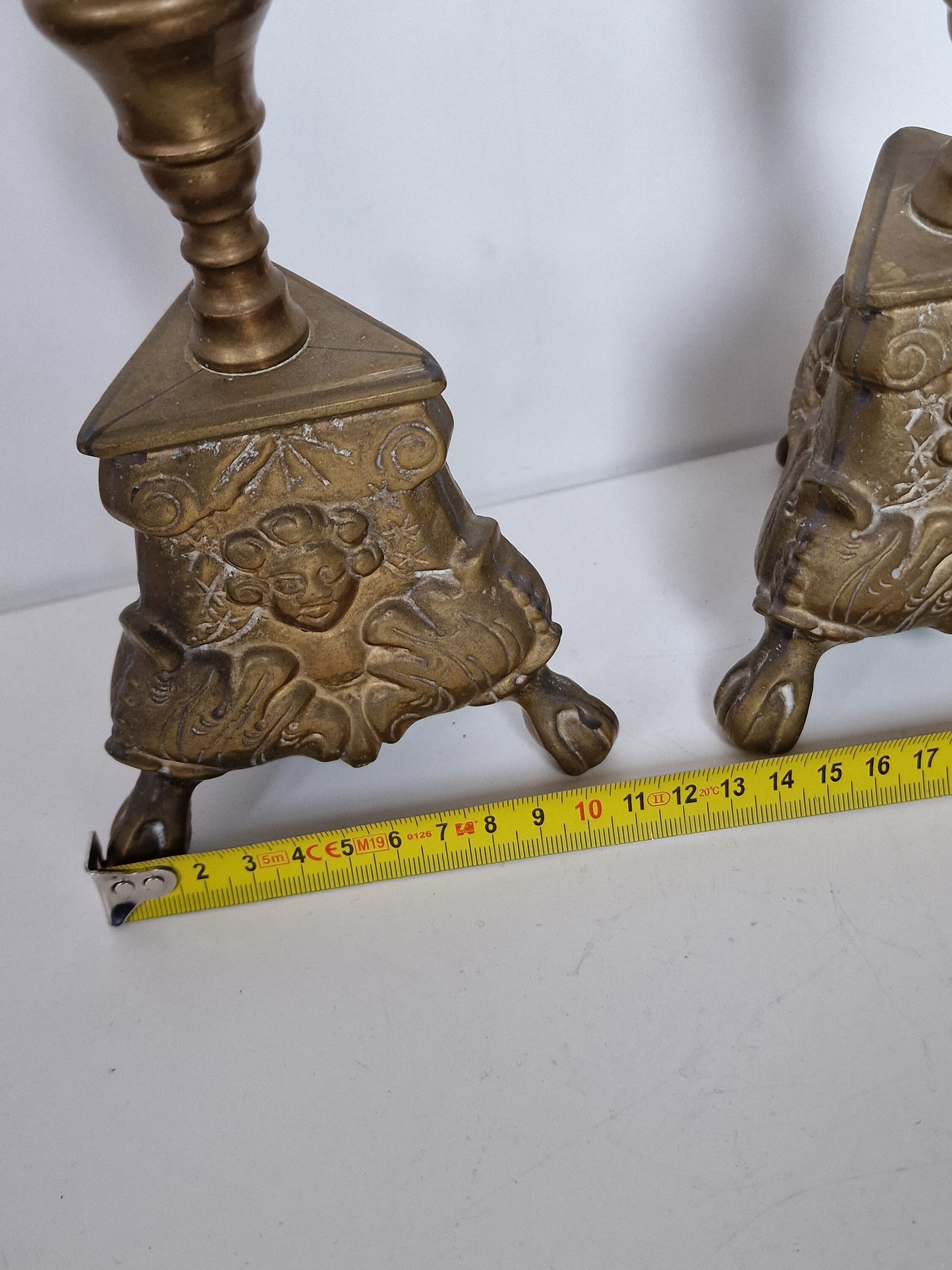 Antique Brass Candlestick Set, 19th Century Lion Footed Church Altar Decor
