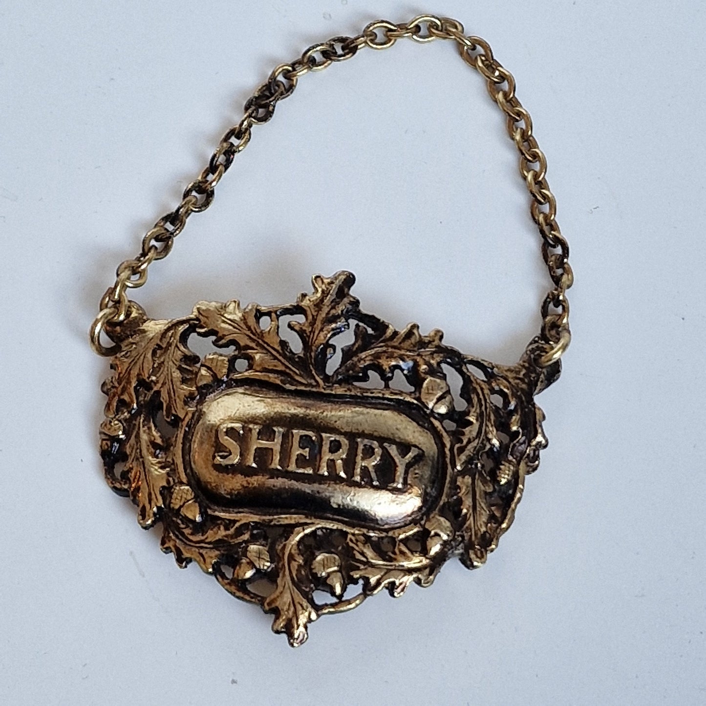 Vintage Brass Sherry Decanter Label, Antique Gold Drink Tag