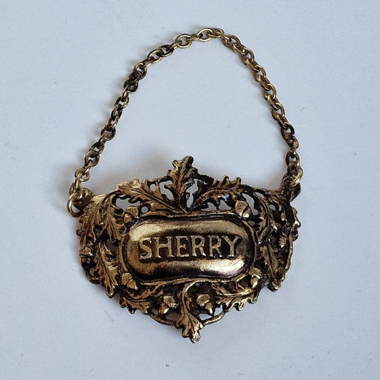 Vintage Brass Sherry Decanter Label, Antique Gold Drink Tag
