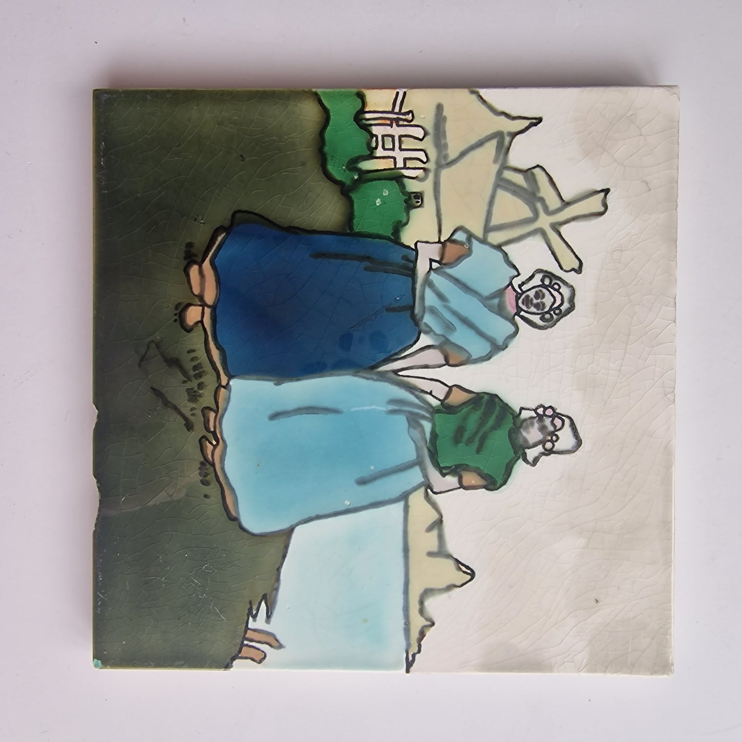 Antique Art Nouveau Tile, Henri Cassiers, Dutch Women, Boizenburg 1910