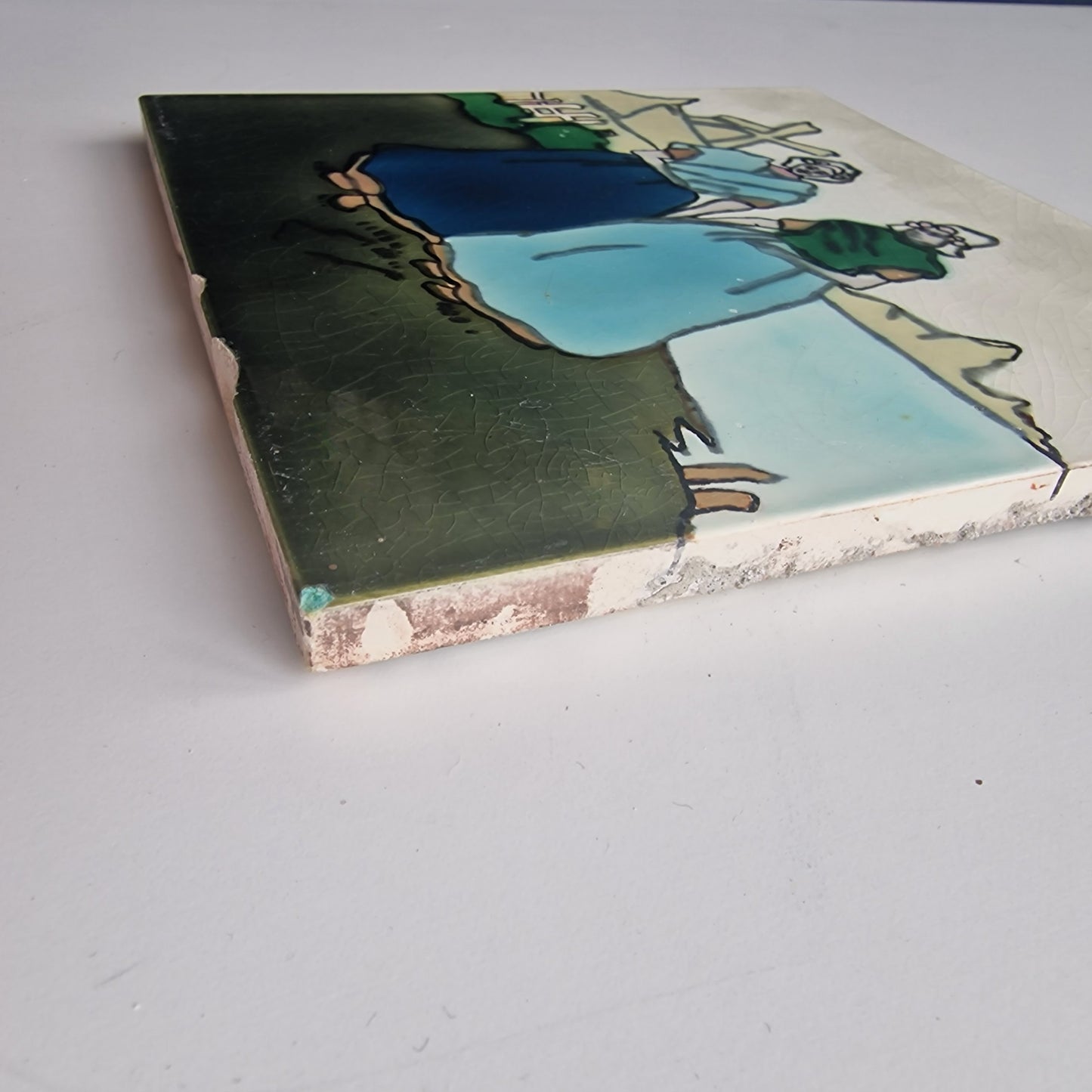 Antique Art Nouveau Tile, Henri Cassiers, Dutch Women, Boizenburg 1910