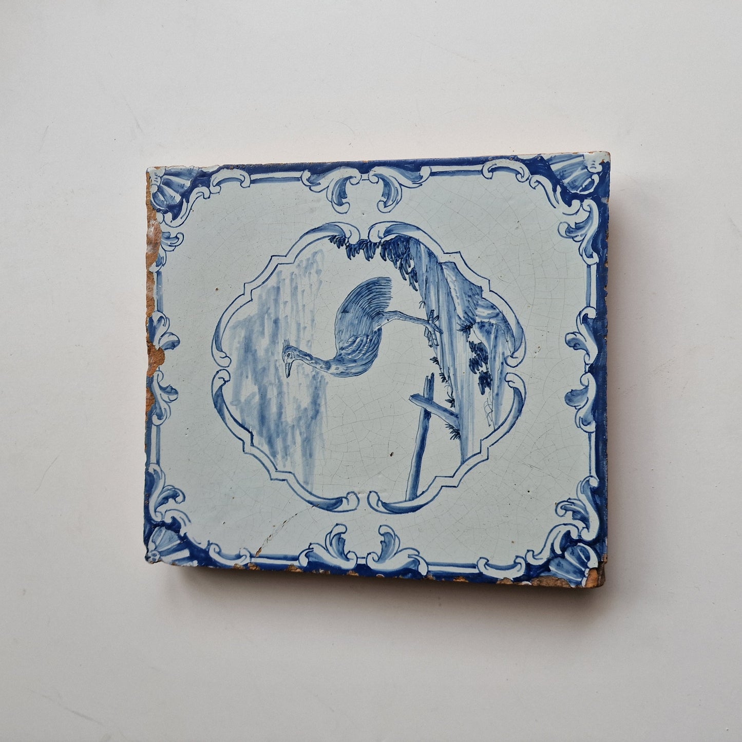 Antique Delft Blue Fireplace Tile, Ostrich Plaque, 1750s German Tile