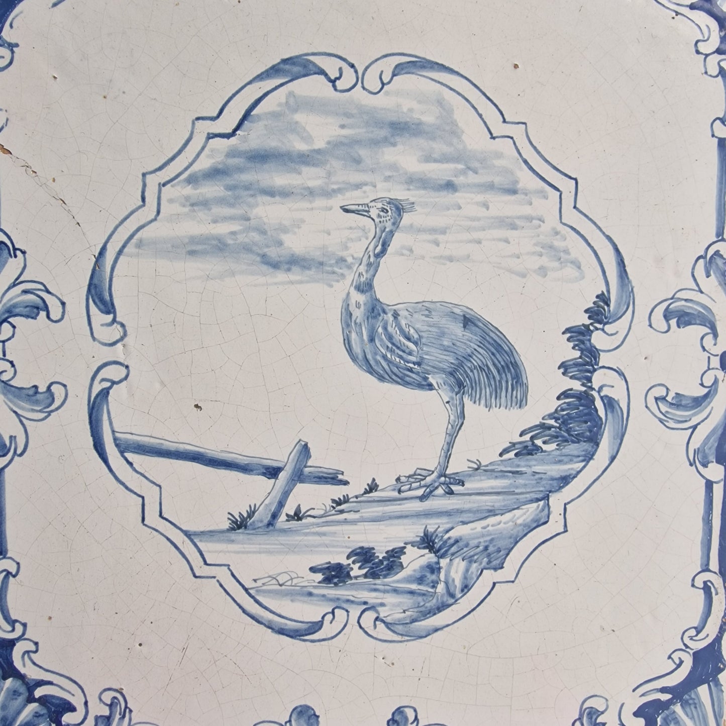 Antique Delft Blue Fireplace Tile, Ostrich Plaque, 1750s German Tile