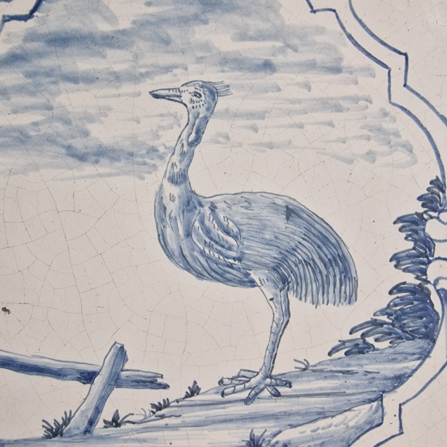 Antique Delft Blue Fireplace Tile, Ostrich Plaque, 1750s German Tile