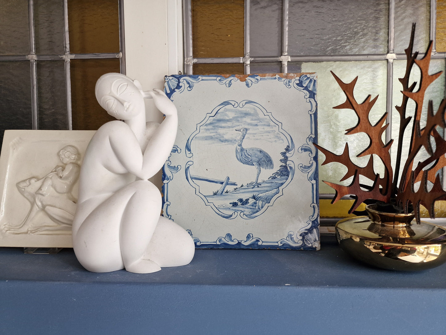 Antique Delft Blue Fireplace Tile, Ostrich Plaque, 1750s German Tile
