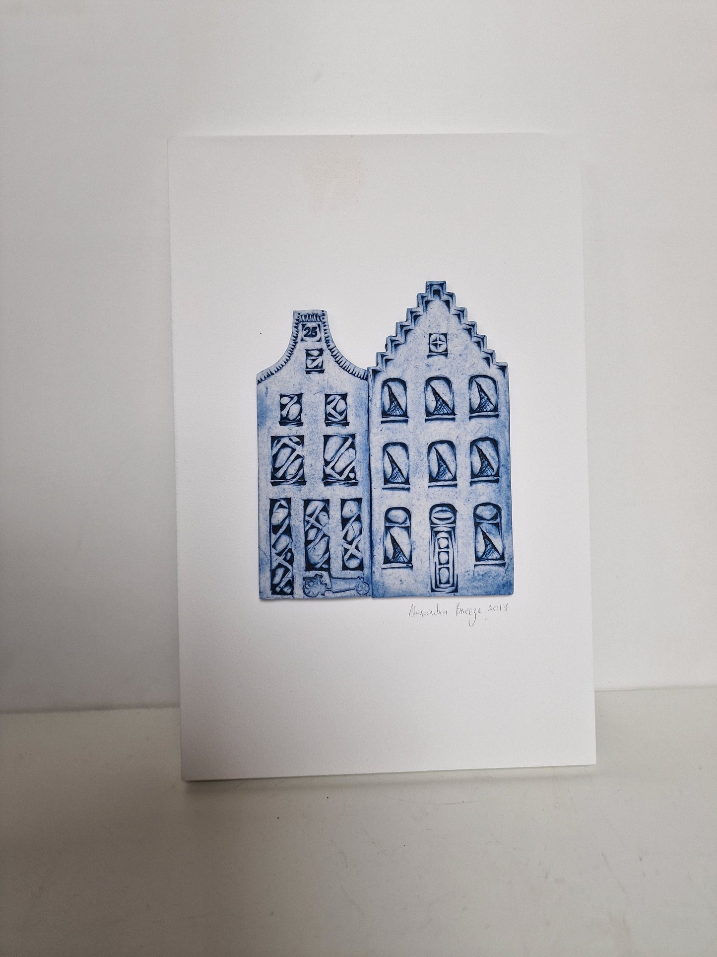 Handmade Delft Porcelain Amsterdam Canal Houses on Wood Panel, Dutch Art