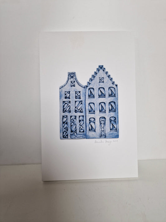 Handmade Delft Porcelain Amsterdam Canal Houses on Wood Panel, Dutch Art