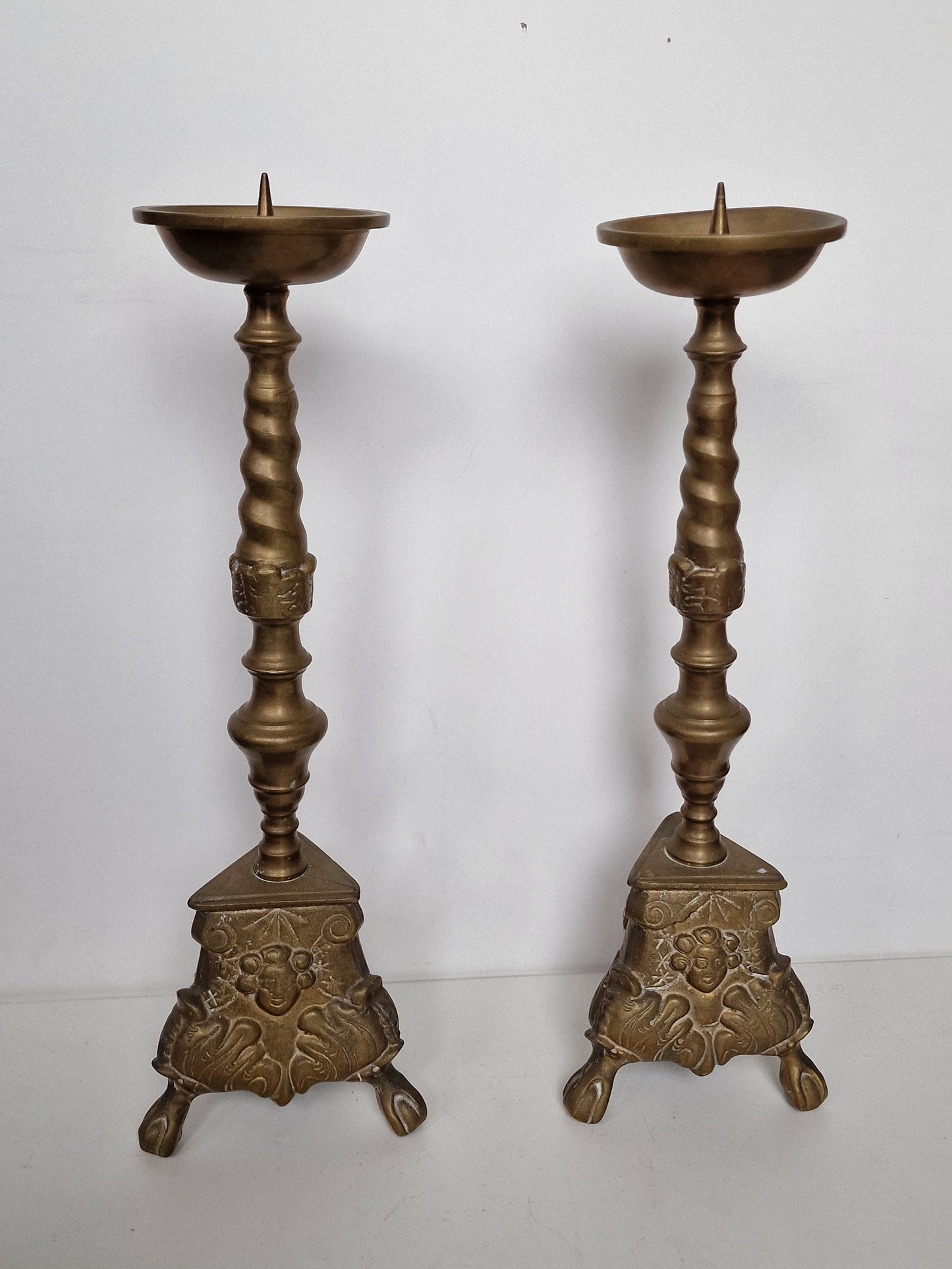 Antique Brass Candlestick Set, 19th Century Lion Footed Church Altar Decor