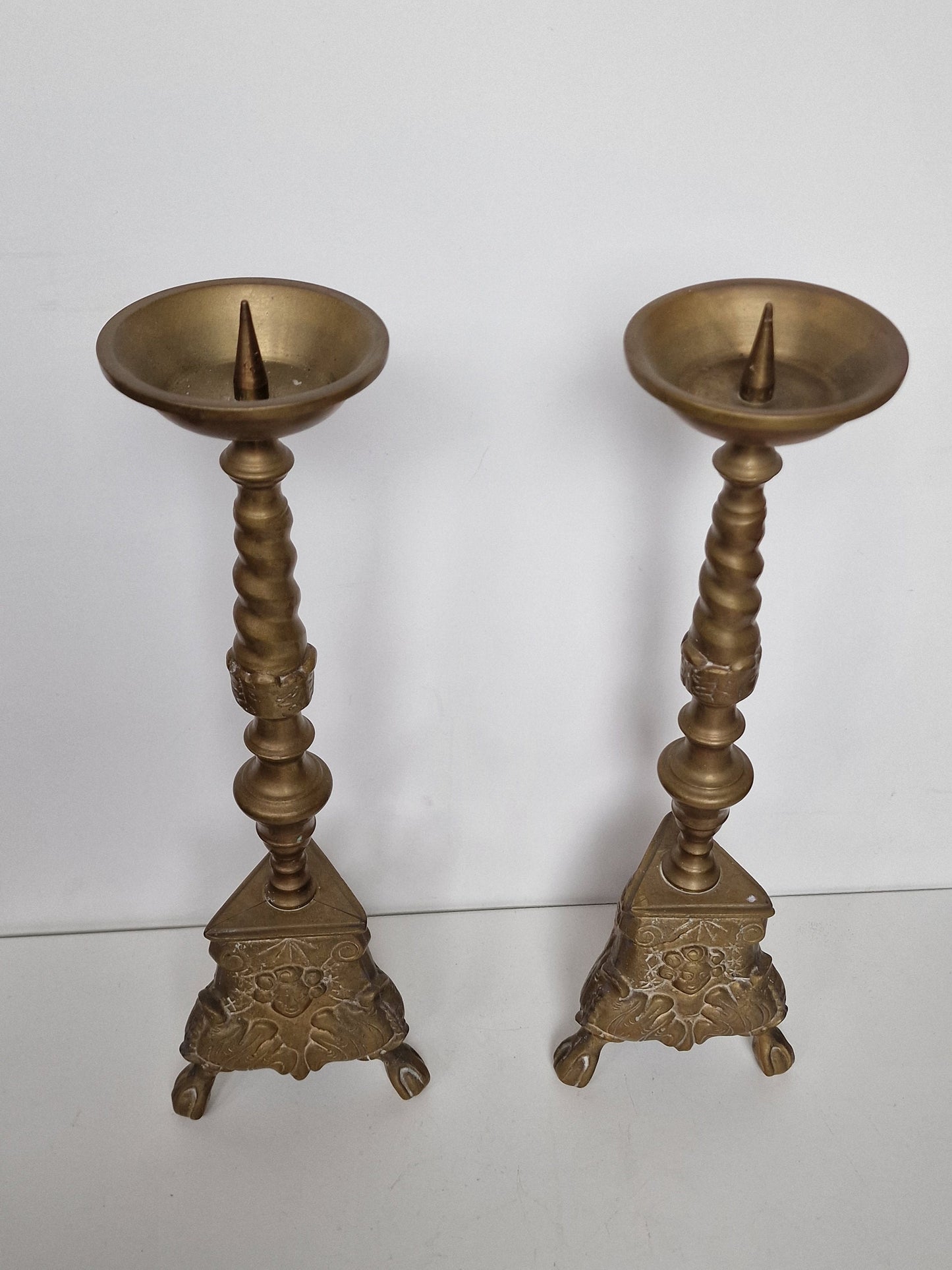 Antique Brass Candlestick Set, 19th Century Lion Footed Church Altar Decor