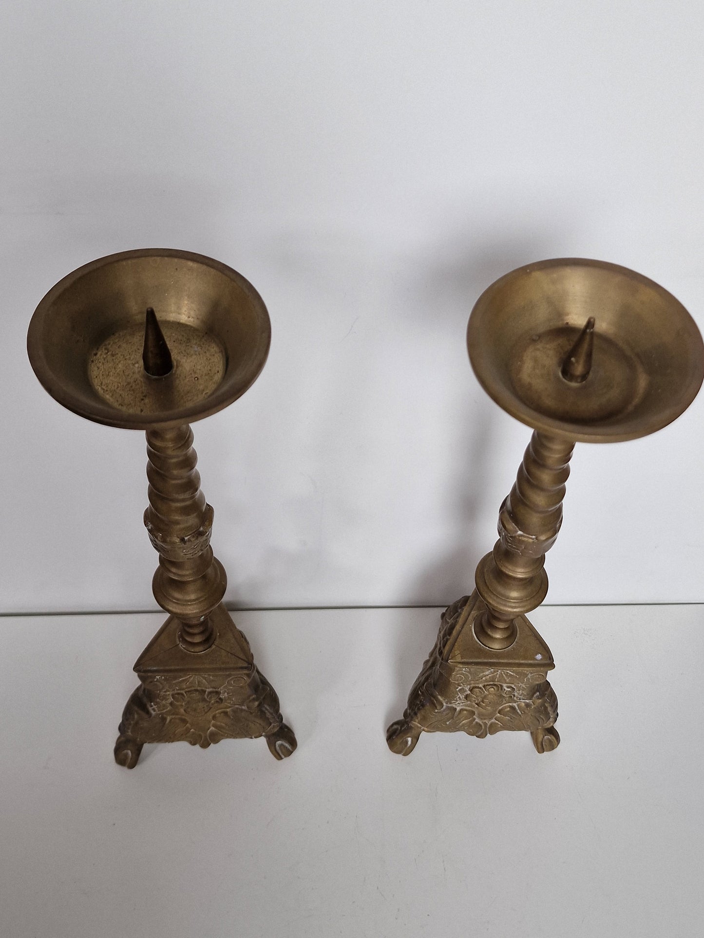 Antique Brass Candlestick Set, 19th Century Lion Footed Church Altar Decor