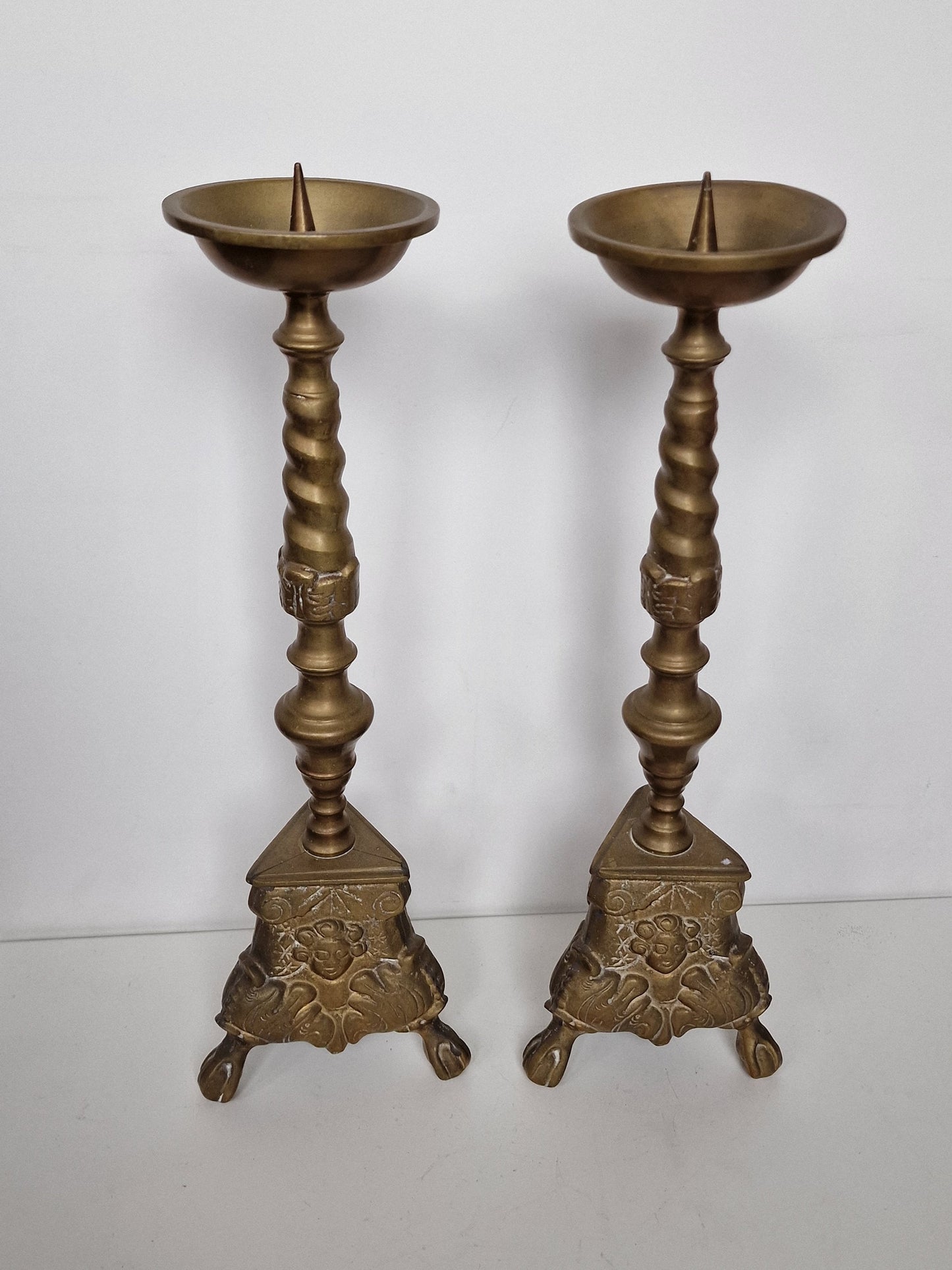 Antique Brass Candlestick Set, 19th Century Lion Footed Church Altar Decor